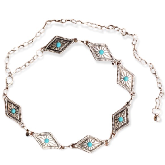 Silver and Turquoise Women's Chain Belt - Picture 4 of 5